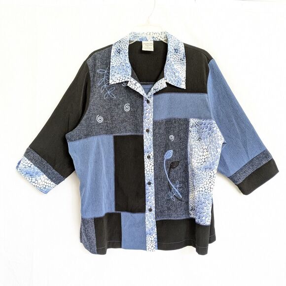 Allison Daley Women's Size 16 Button Down Blouse Blue Patchwork Embroidered - Picture 1 of 12